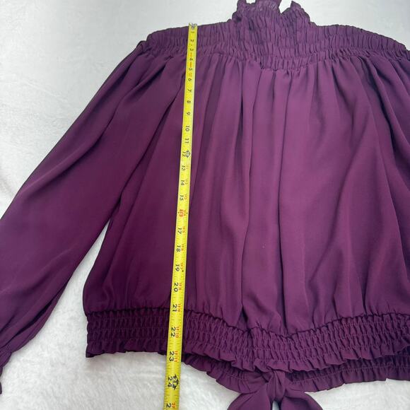 Venus Women's Purple Mock Neck Smocked Blouse Size M Bow at Back Waist Office - Picture 5 of 7
